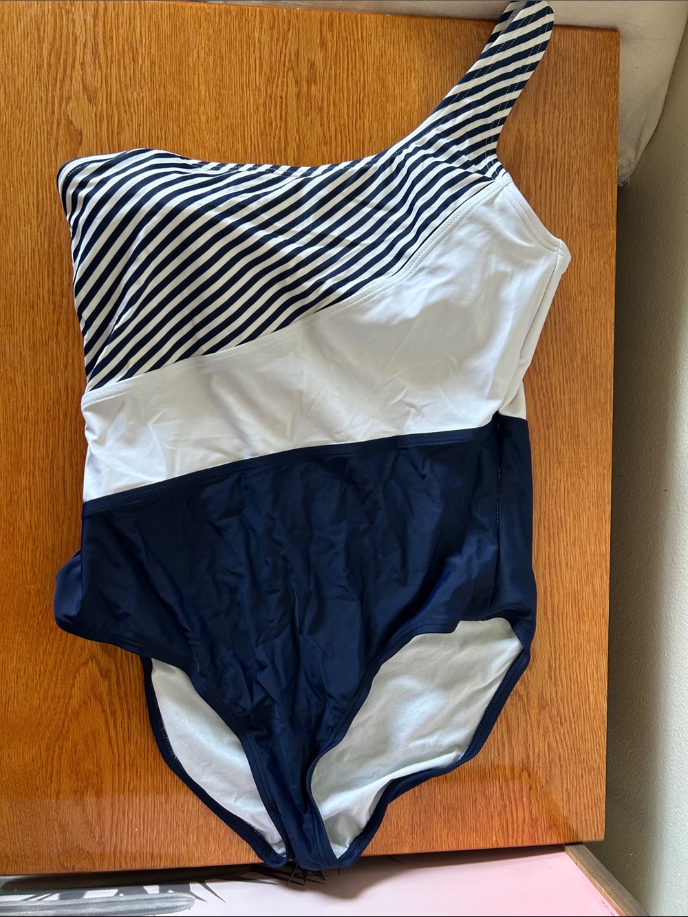 Kona Sol Navy and White One-Shoulder Stripe One-Piece Swimsuit